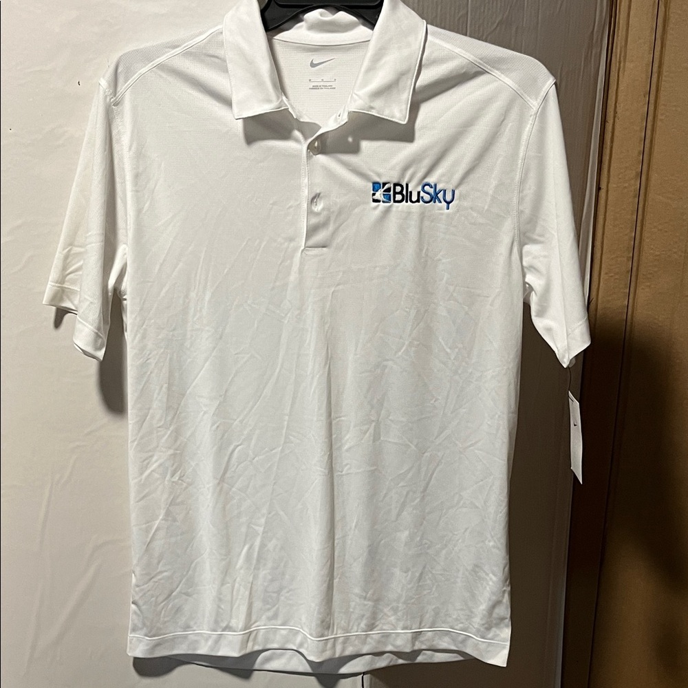 Nike Men's Polo Golf Shirt in White with BluSky Logo. NWT.